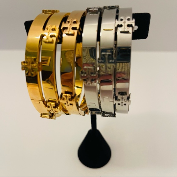 Tory Burch- Miller Logo Hinged Bangle Bracelet available in silver or gold - Picture 3 of 10